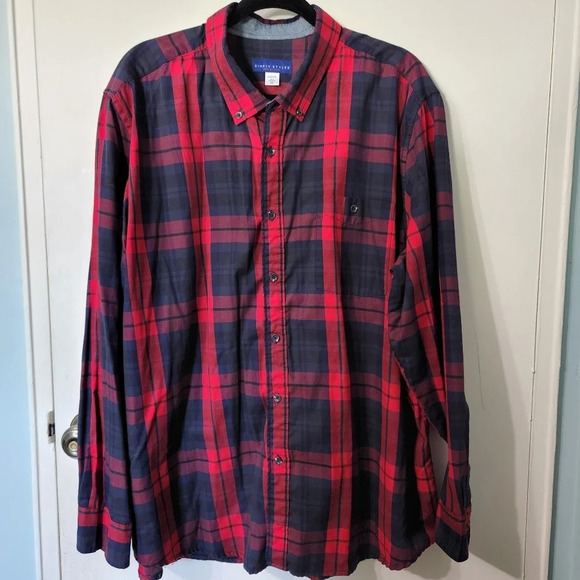 Men’s Simply Styled Red and Navy Plaid Button-Up Shirt - Picture 1 of 11